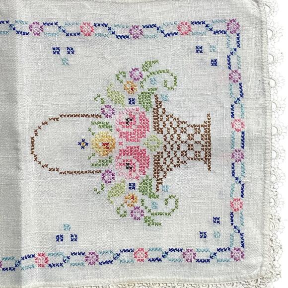 Vintage 40"x12" Hand-Stitched Needlework Tablecloth/Runner Flower Basket w/Trim - Picture 7 of 8